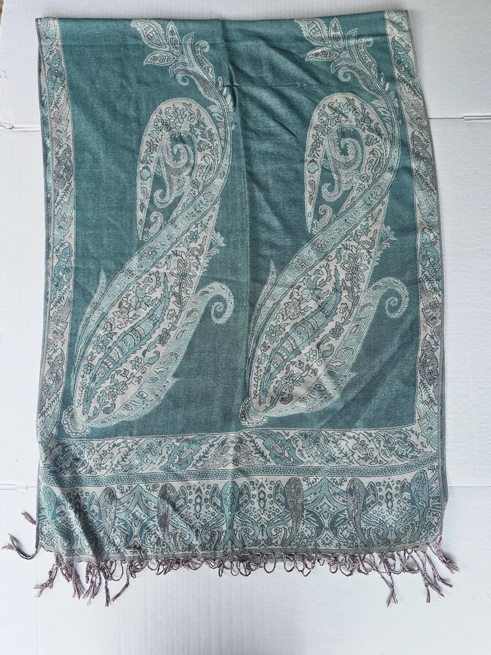 Teal Ivory Paisley Woven Fringe Rectangle Scarf Wrap Women Polyester Acrylic